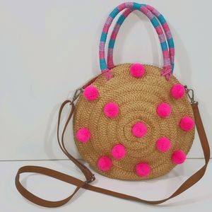 Straw Studios Pink Pom Pom straw bag